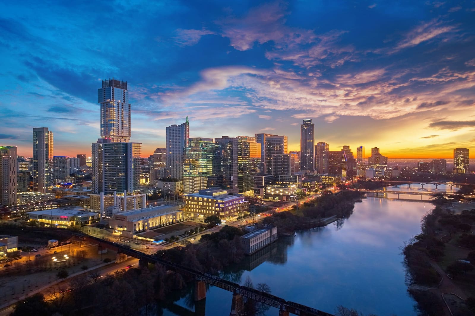 The Austin skyline against a low evening sun